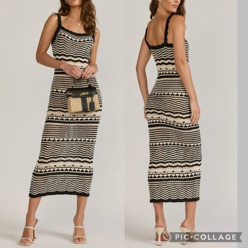 New NWT Joie Crochet Knit Cotton Viscose Black White Patterned Striped Dress